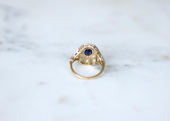 Bague 51 Art Déco - Bague dôme en or jaune et platine saphir et diamants 58 Facettes