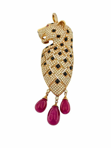 Pendentif Pendentif panthère en or rose 18 carats avec diamants, onyx et rubis 58 Facettes