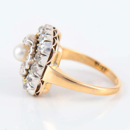 Bague 54 Bague rétro en or jaune 18 ct, perle et diamants 58 Facettes 1