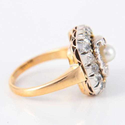 Bague 54 Bague rétro en or jaune 18 ct, perle et diamants 58 Facettes 1