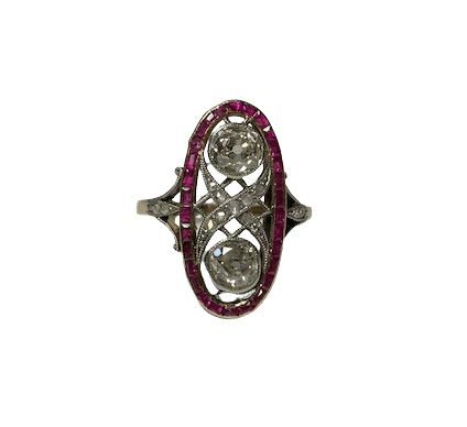 Bague 57 Bague Art déco en or jaune 18k avec diamants et rubis 58 Facettes
