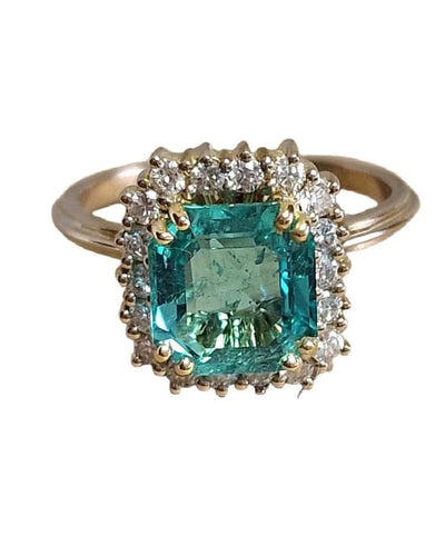 Bague Bague halo en or jaune 18 carats avec émeraude colombienne et diamants 58 Facettes