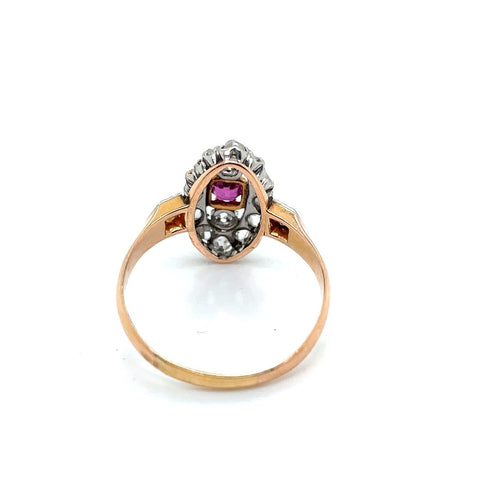 Bague 54.5 Bague marquise ancienne en or rose, platine, rubis et diamants 58 Facettes