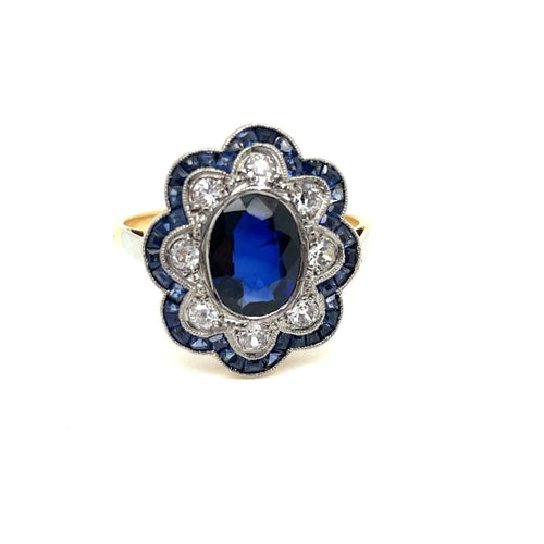 Bague 59 Bague Pompadour Art déco en or jaune et or blanc, saphir et diamants 58 Facettes