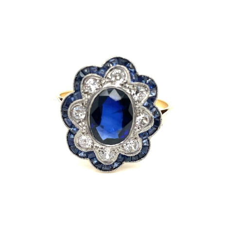 Bague 59 Bague Pompadour Art déco en or jaune et or blanc, saphir et diamants 58 Facettes