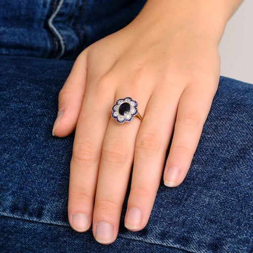Bague 59 Bague Pompadour Art déco en or jaune et or blanc, saphir et diamants 58 Facettes