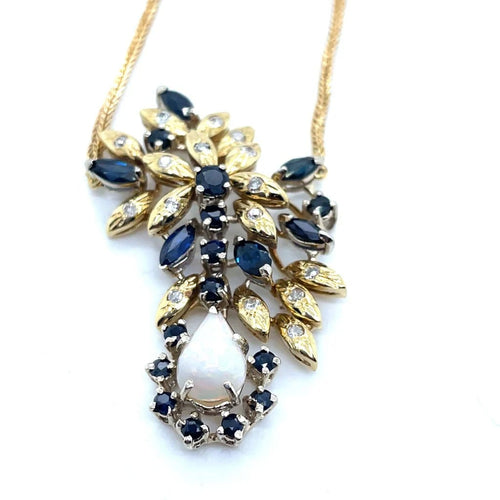 Collier Collier - Motif floral en or jaune avec opale, saphirs et diamants 58 Facettes