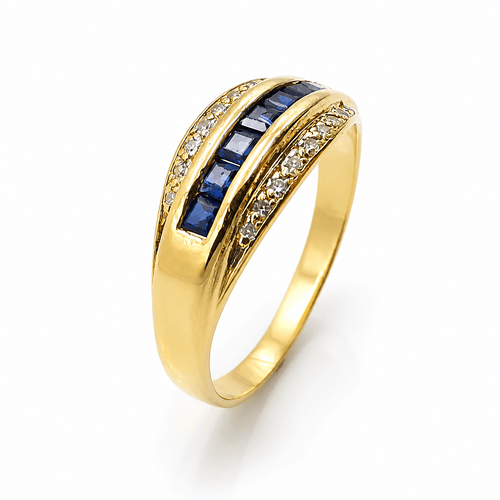 Bague 55 Bague en or jaune 18 carats avec diamants et saphirs 58 Facettes