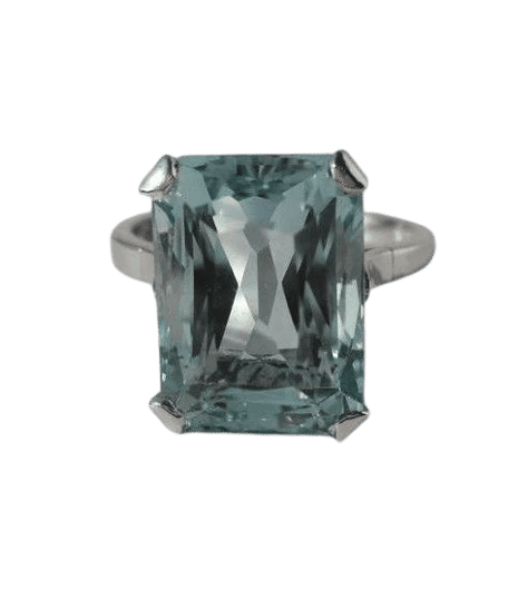 Bague 53.5 Bague cocktail rectangulaire en platine avec aigue-marine 7 carats 58 Facettes