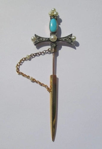 Broche Broche épingle - Épée en or rose 18 carats, diamants, perles et turquoise 58 Facettes