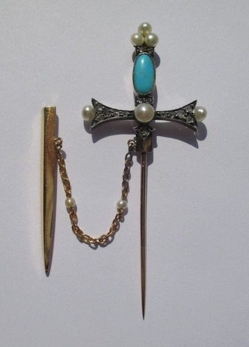 Broche Broche épingle - Épée en or rose 18 carats, diamants, perles et turquoise 58 Facettes