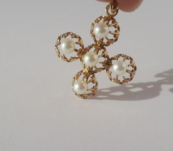 Pendentif Croix pendentif XIXe en or rose et perles 58 Facettes