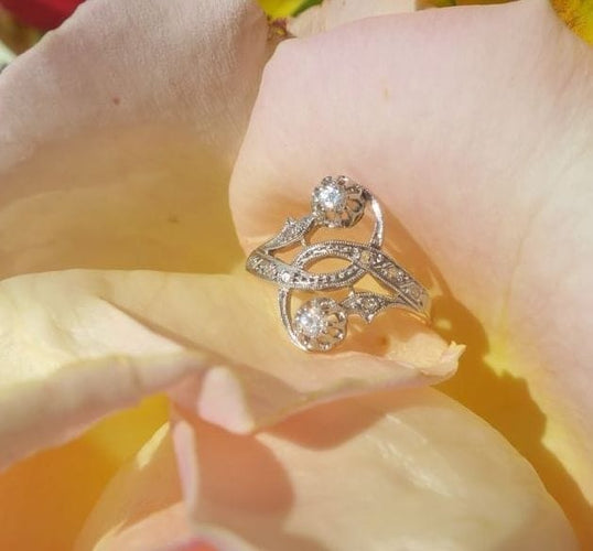 Bague 54 Toi et Moi - Bague 1900 en or jaune, platine et diamants 58 Facettes
