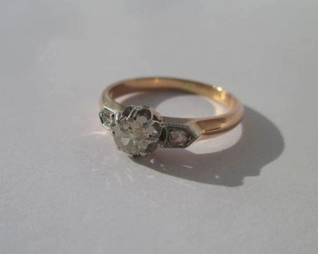 Bague 55 Art Nouveau - Bague solitaire en or rose, platine et diamants 58 Facettes
