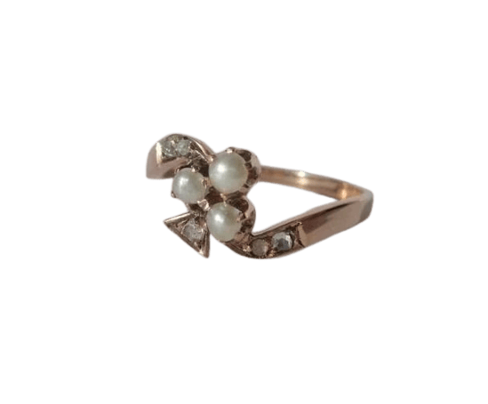 Bague 53.5 Bague XIXe trèfle en or rose, perles fines et diamants 58 Facettes