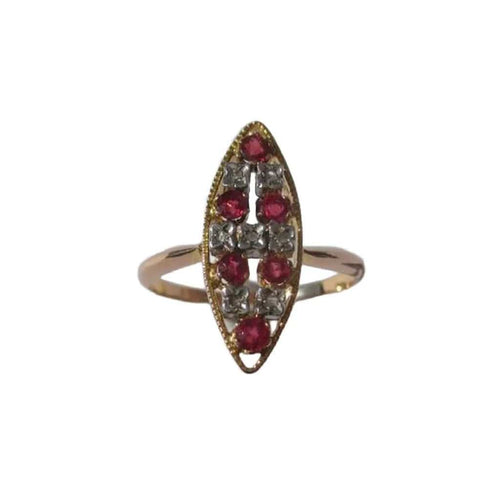 Bague 55 Marquise XIXe - Bague en or rose, platine, diamants et rubis 58 Facettes