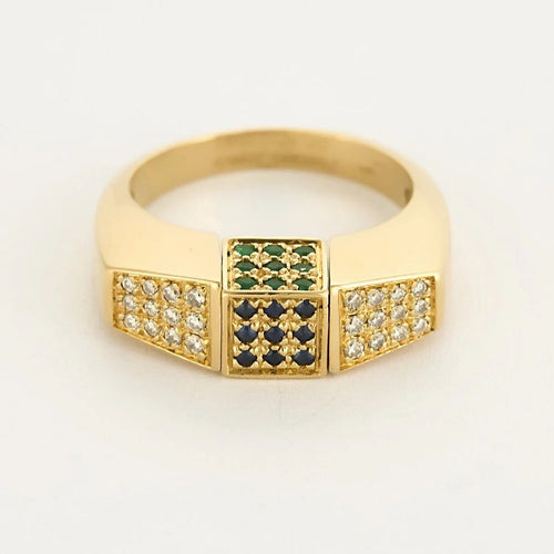 Bague 62 Premiers Joyaux - Bague tank en or jaune 18k sertie de diamants et pierres précieuses 58 Facettes