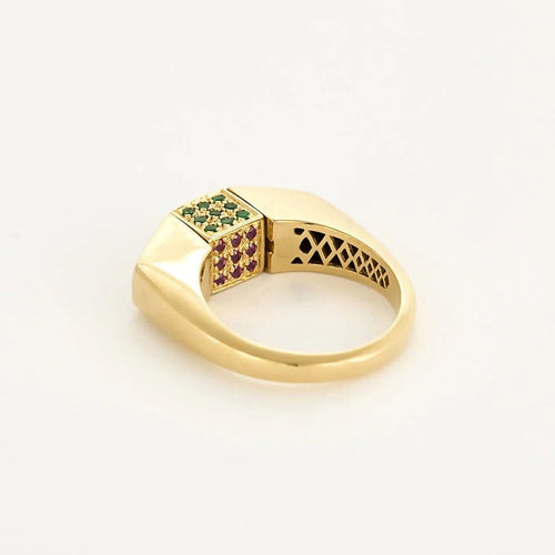 Bague 62 Premiers Joyaux - Bague tank en or jaune 18k sertie de diamants et pierres précieuses 58 Facettes