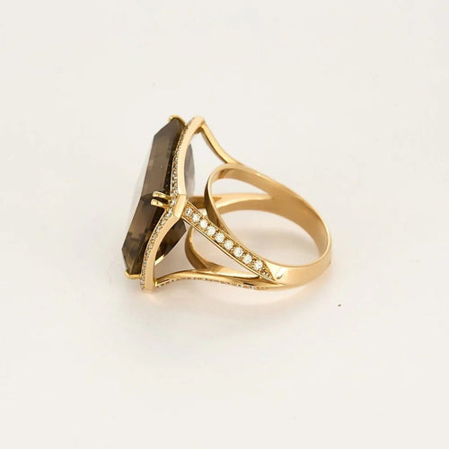 Bague 54 Bague en or rose 18k avec quartz fumé et diamants 58 Facettes
