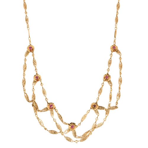 Collier Collier chaîne filigrane en or jaune 18K, rubis et saphirs roses 58 Facettes