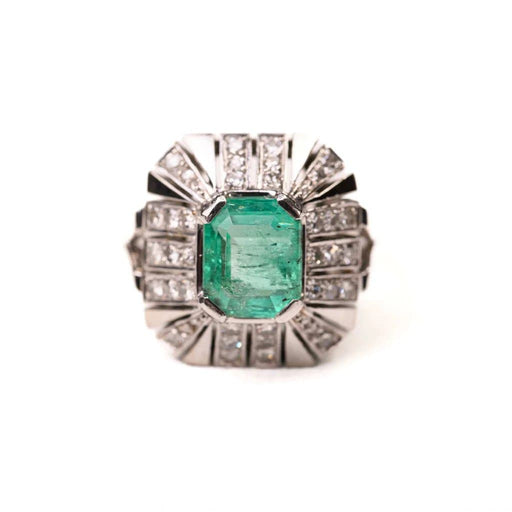 Bague 53 Bague style Art déco en or blanc et platine, émeraude colombienne et diamants 58 Facettes LMB-325