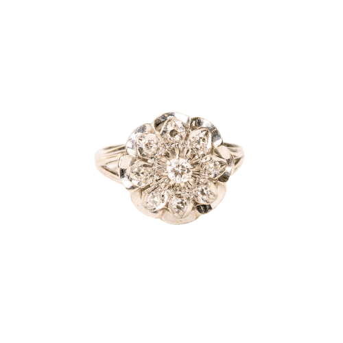 Bague 54 Bague fleur ciselée en or gris 18K et diamants 58 Facettes
