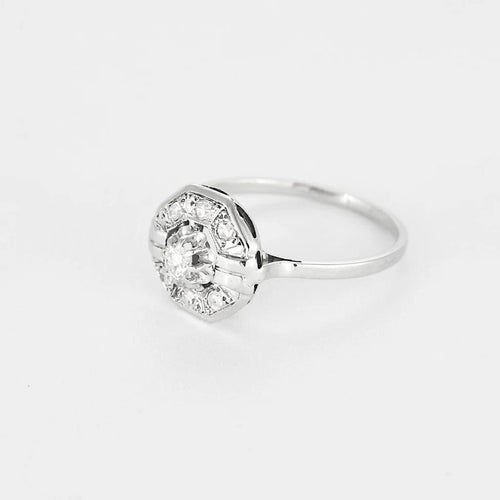 Bague 57 Bague Art déco octogonale en or blanc et platine, diamants 58 Facettes LMB-300