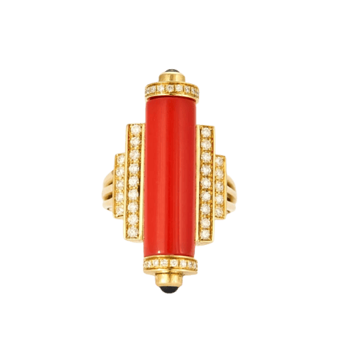 Bague 55 Bague style Art déco en or jaune 18k, corail, diamants et saphirs 58 Facettes Mac 31