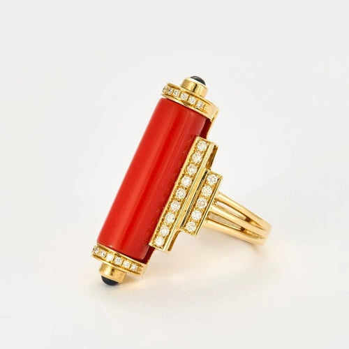 Bague 55 Bague style Art déco en or jaune 18k, corail, diamants et saphirs 58 Facettes Mac 31