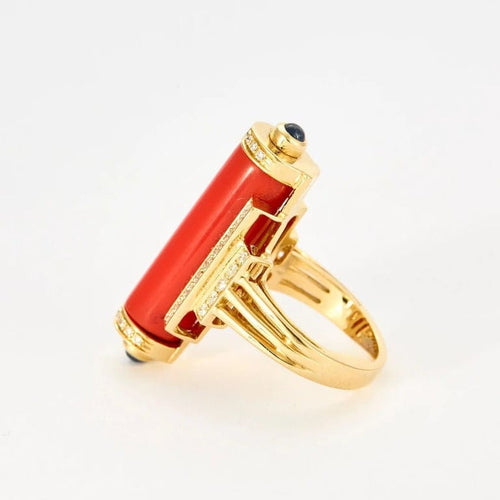 Bague 55 Bague style Art déco en or jaune 18k, corail, diamants et saphirs 58 Facettes Mac 31