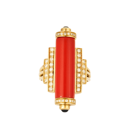 Bague 55 Bague style Art déco en or jaune 18k, corail, diamants et saphirs 58 Facettes Mac 31