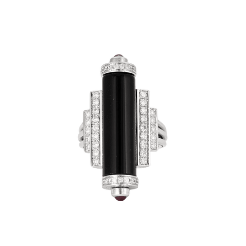 Bague 55 Bague style Art déco en or blanc 18k, diamants, onyx et rubis 58 Facettes Mac 30