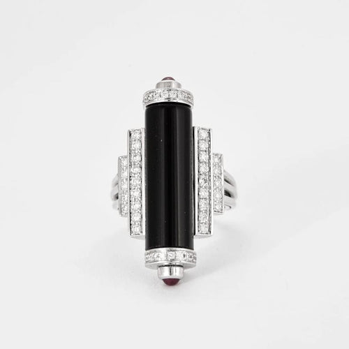 Bague 55 Bague style Art déco en or blanc 18k, diamants, onyx et rubis 58 Facettes Mac 30