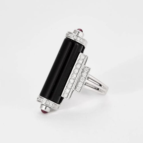 Bague 55 Bague style Art déco en or blanc 18k, diamants, onyx et rubis 58 Facettes Mac 30
