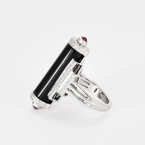 Bague 55 Bague style Art déco en or blanc 18k, diamants, onyx et rubis 58 Facettes Mac 30