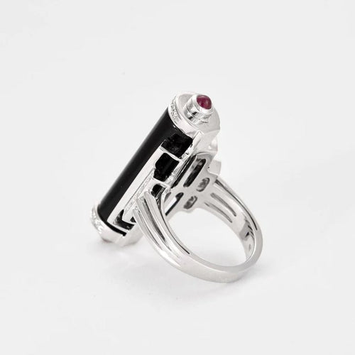 Bague 55 Bague style Art déco en or blanc 18k, diamants, onyx et rubis 58 Facettes Mac 30