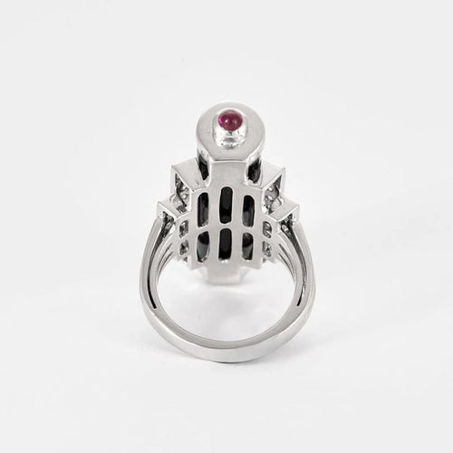 Bague 55 Bague style Art déco en or blanc 18k, diamants, onyx et rubis 58 Facettes Mac 30