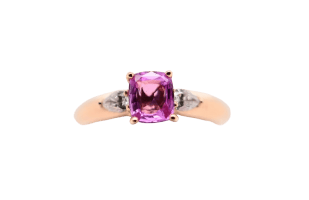 Bague 53 Bague en or rose 18 carats avec saphir rose et deux diamants 58 Facettes