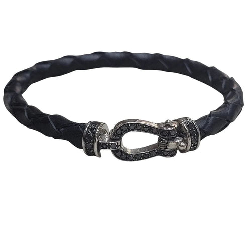 Bracelet Bracelet unisexe en cuir noir en or blanc 18 carats et diamants noirs 58 Facettes T414