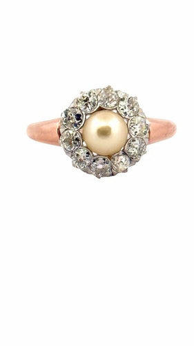 Bague 58 Bague ancienne en or rose 18 carats avec perle et diamants 58 Facettes