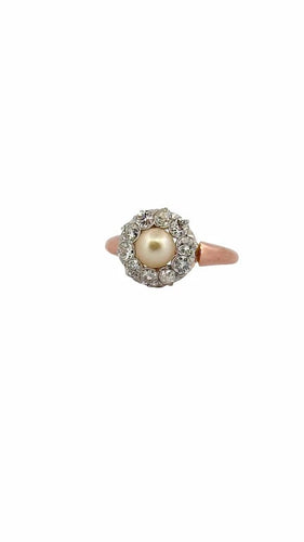 Bague 58 Bague ancienne en or rose 18 carats avec perle et diamants 58 Facettes