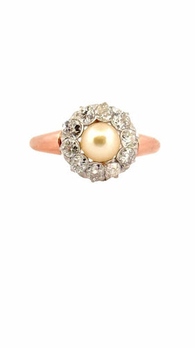 Bague 58 Bague ancienne en or rose 18 carats avec perle et diamants 58 Facettes