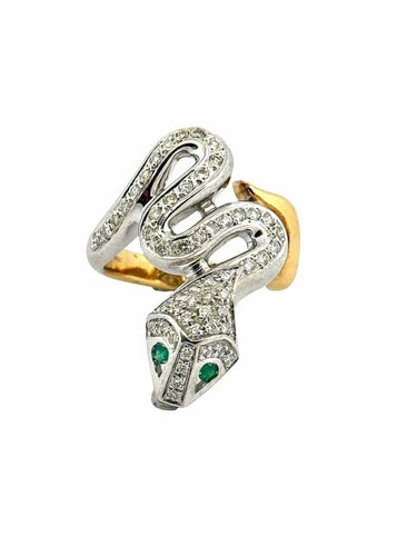 Bague 53 Bague serpent en or jaune et blanc avec diamants et émeraudes 58 Facettes