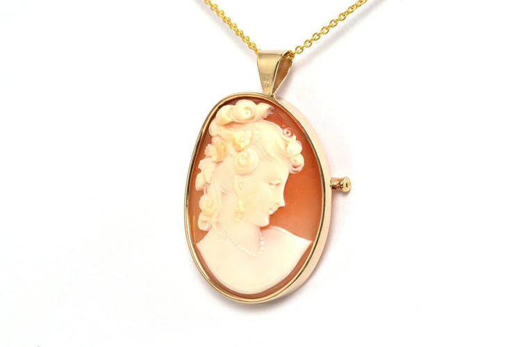 Pendentif Broche pendentif années 70 en or jaune 18 carats, camée coquillage 58 Facettes B463