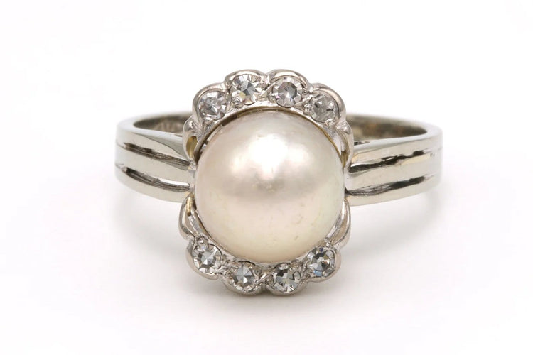 Bague 55 Bague Art déco en or blanc, perle et diamants 58 Facettes 19737