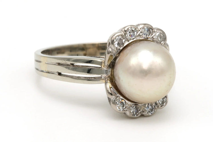 Bague 55 Bague Art déco en or blanc, perle et diamants 58 Facettes 19737