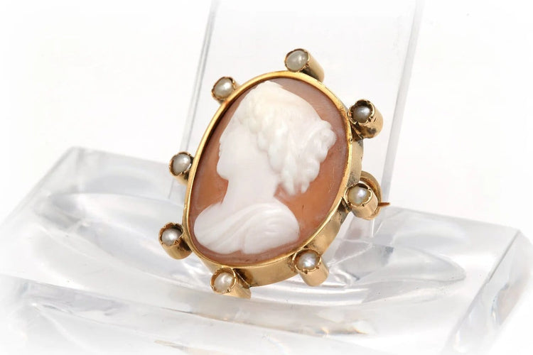 Broche Art déco - Broche en or jaune avec camée coquillage et perles 58 Facettes 20752