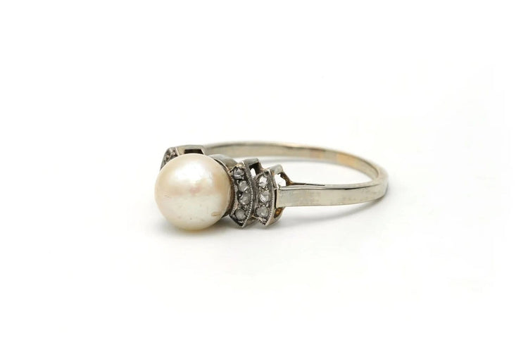 Bague 55 Bague Art déco en or blanc 18 carats avec perle et diamants 58 Facettes 22271