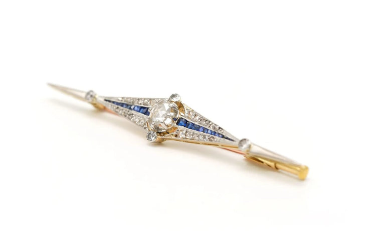 Broche Broche Art Déco en or blanc et jaune 18 carats, saphirs et diamants 58 Facettes 22395