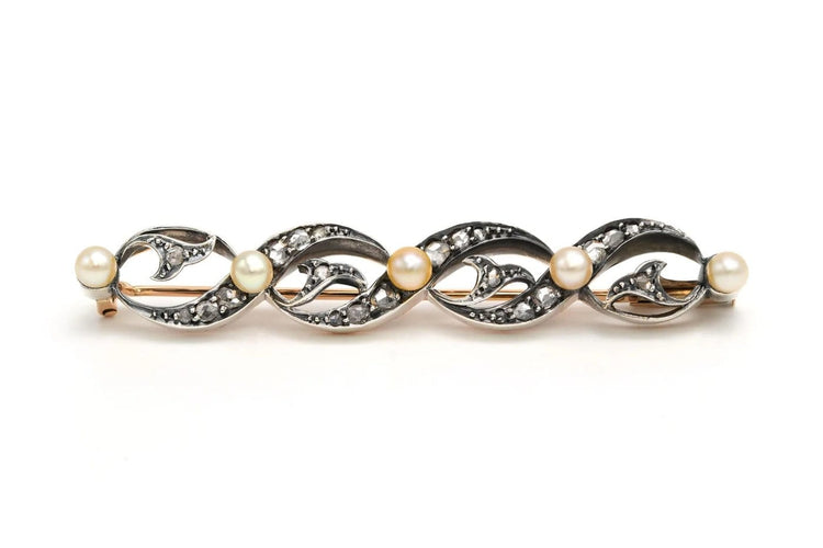 Broche Broche Art Nouveau en or jaune 18 carats et argent, perles et diamants taille rose 58 Facettes 22482
